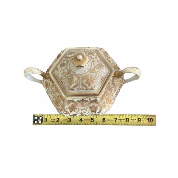 Vintage Nippon Gold Gilded Moriage Porcelain Hexagon Sugar Bowl Hand Painted Lid - Picture 9 of 14